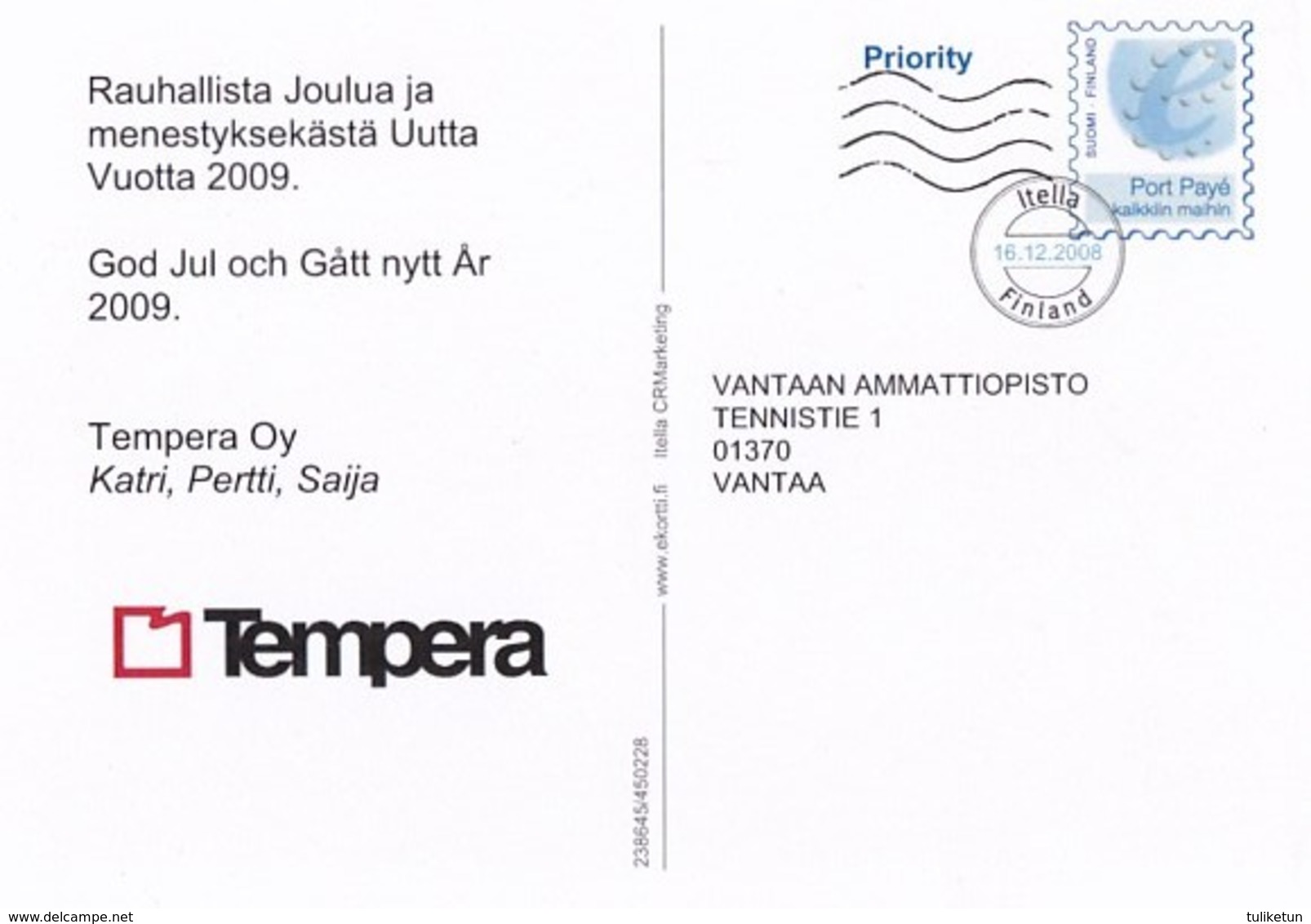 Postal Stationery - Christmas Ball - Itella CRMarketing 2008 - Suomi Finland - Postage Paid - Postal Stationery