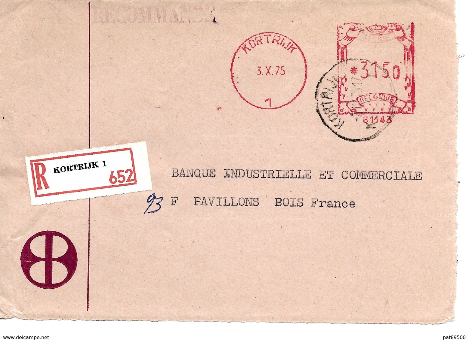 BELGIQUE / RECOMMANDE 1975 De COURTRAI Vers La France/ DEFAUT : Face Arrière Manquante !! Offre OK +++ - 1960-79