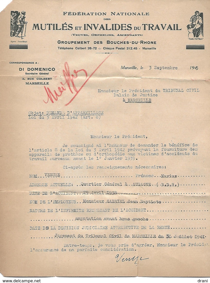 Demande D'Appareillage - Accident Du Travail - 1943 - Matériel Et Accessoires