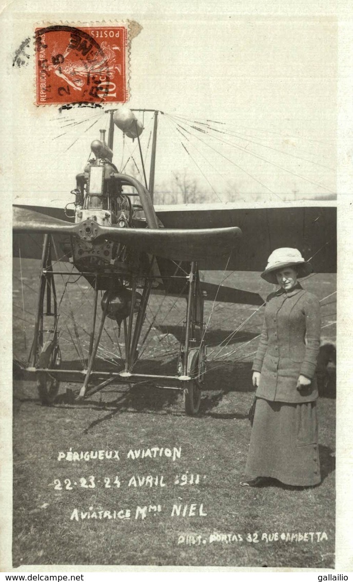 CARTE PHOTO PERIGUEUX AVIATION AVRIL 1911 AVIATRICE MADAME NIEL - Périgueux