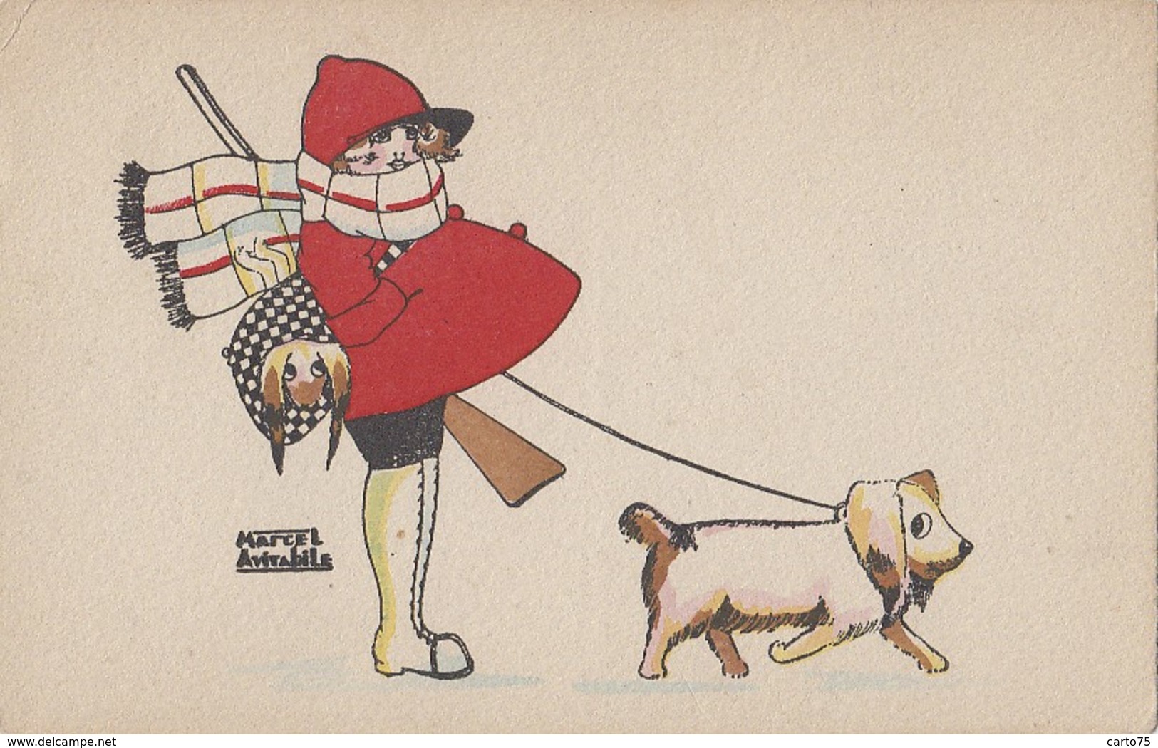 Fantaisies - Femmes - Femme Avec Fusil Promenant Ses Chiens Teckel Terrier - Illustrateur Marcel Avitabile - Mujeres