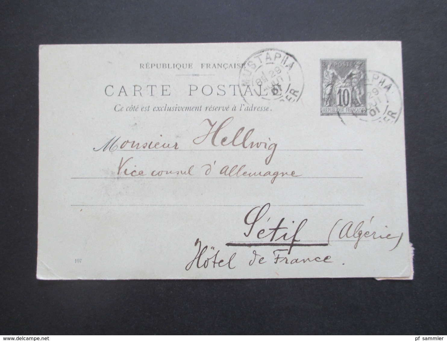 Frankreich 1901 GA Verwendet In Algerien Stempel Mustapha Alger / Französische Kolonie An Den Vize Konsul In Setif Hotel - 1898-1900 Sage (Type III)