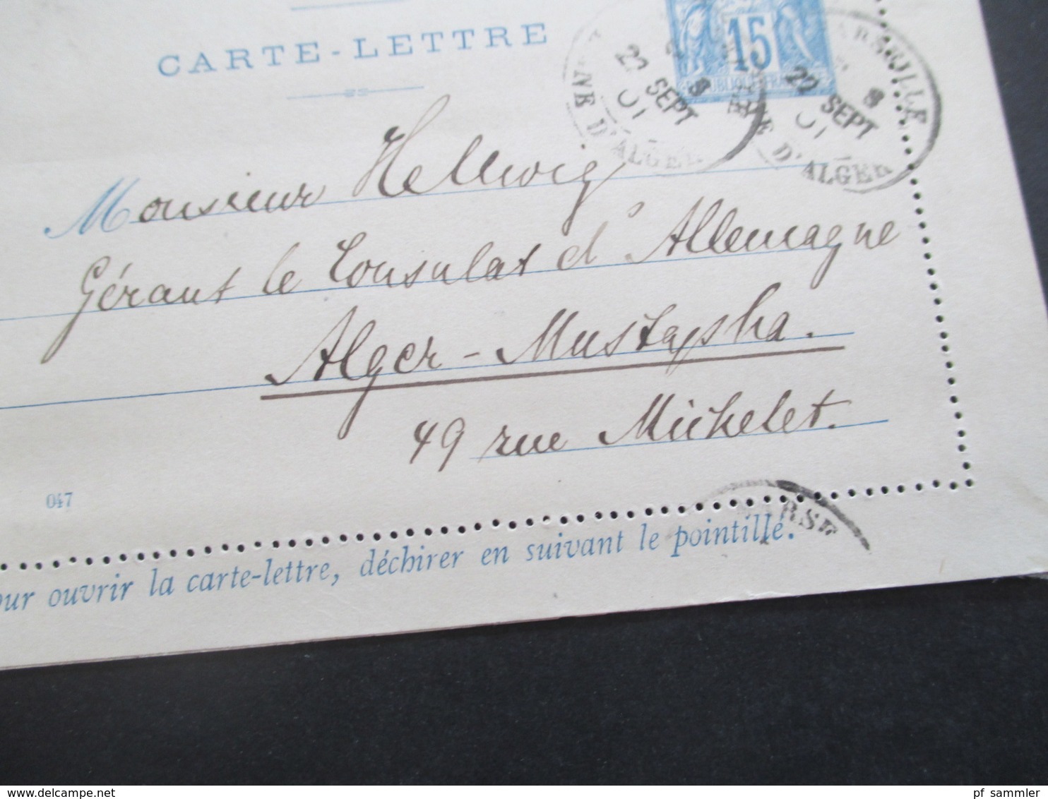 Frankreich 1901 GA Verwendet In Algerien Stempel Marseille D` Alger / Französische Kolonie An Das Deutsche Konsulat - 1898-1900 Sage (Tipo III)