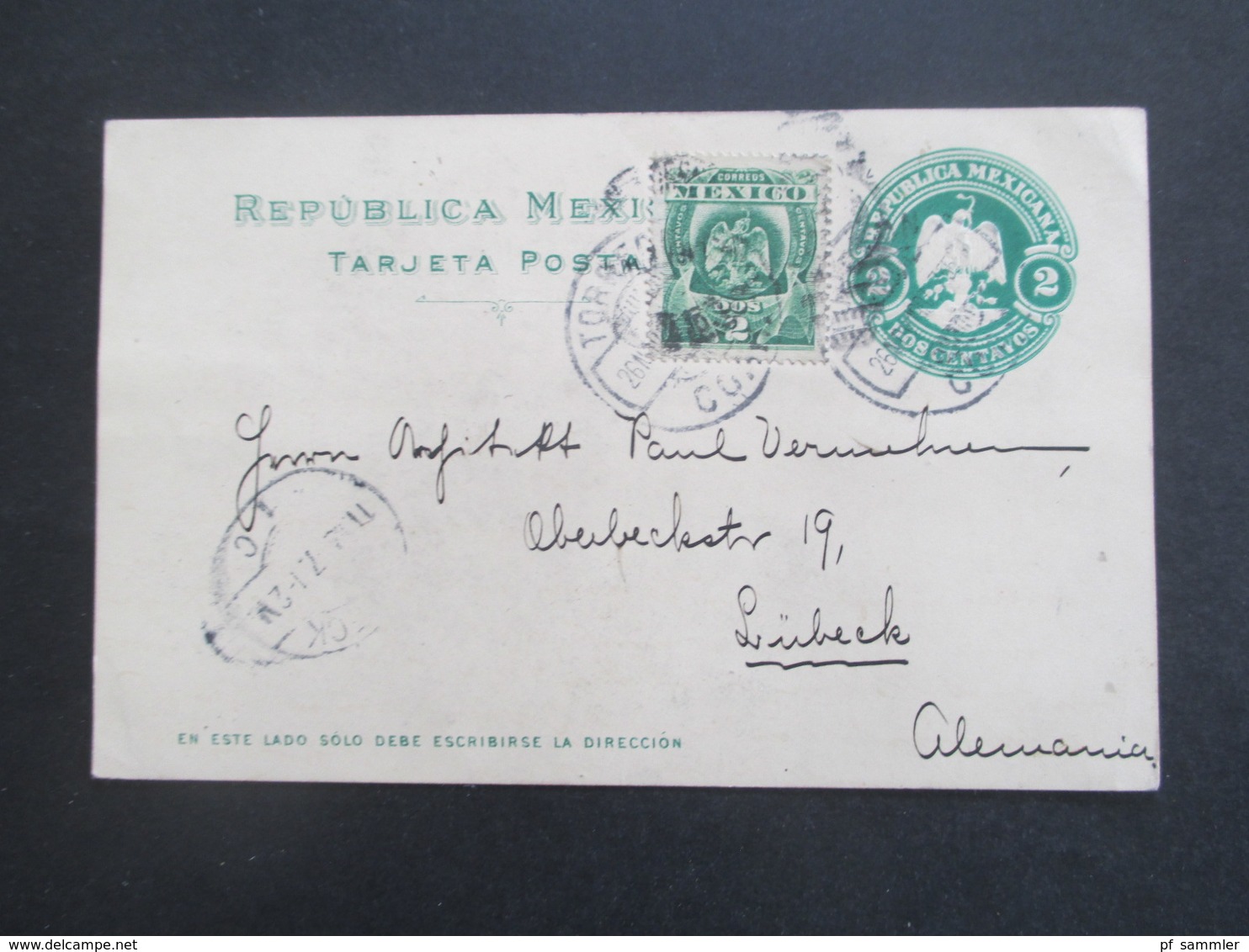 Mexico Stationary Ganzsache 1907 Mit Zusatzfrankatur Auslandskarte Nach Lübeck Gesendet Mit Ank. Stempel - México