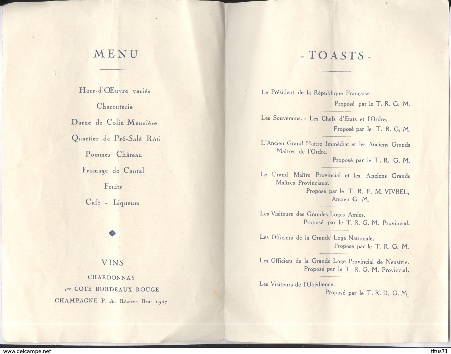 Menu Grande Loge Nationale Indépendante Et Régulière Pour France Et Colonies - Installation Du Grand Maître Elu - 1947 - Menú