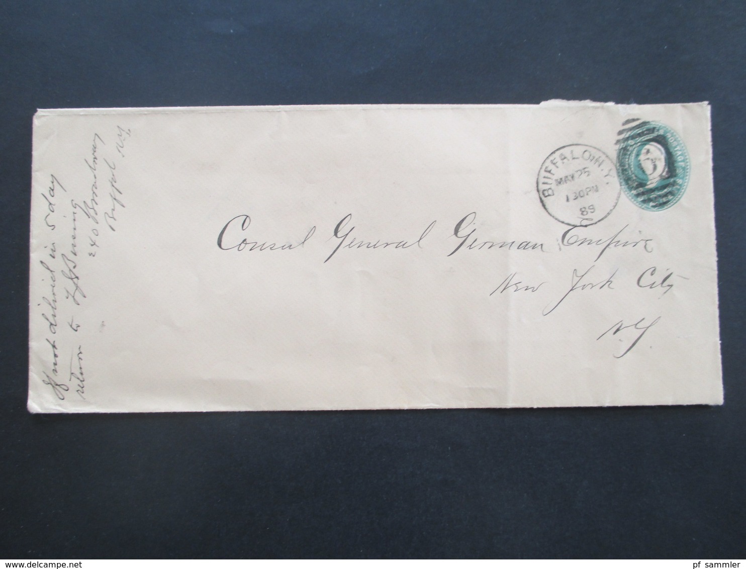 USA 1889 Großer Ganzsachen Umschlag Two Cents Buffalo An Den Deutschen Kunsul In New York. Ank. Stempel P.O.N.Y. - Storia Postale