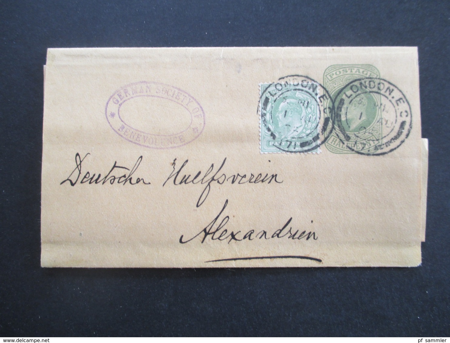 GB 1905 Streifband Mit Zusatzfrankatur Stempel German Society Of Benevolence Nach Alexandrien Ägypten Gesendet - Storia Postale