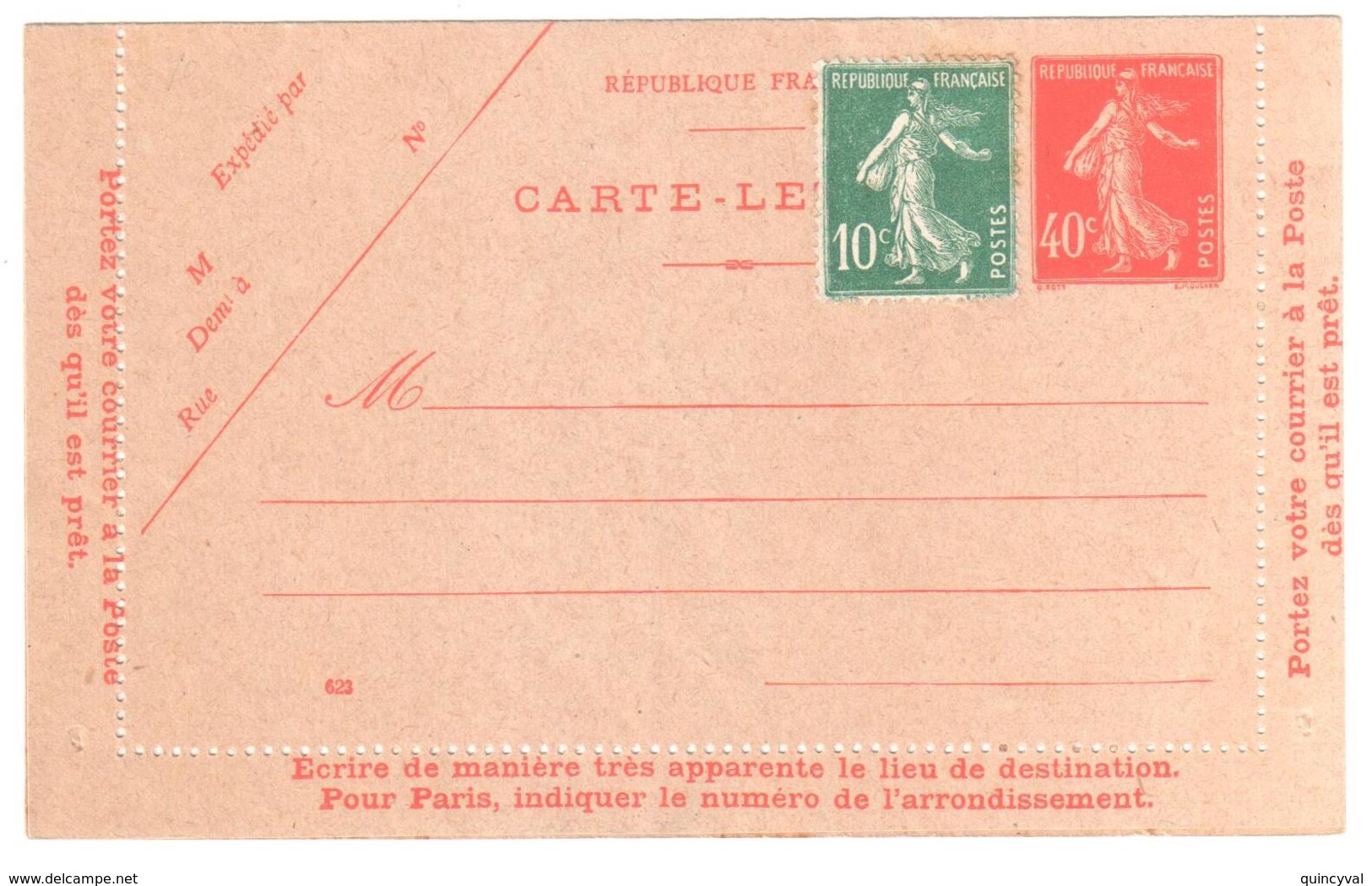 Carte Lettre Entier 40c Semeuse Yv 194-CL1 Millésime 623 Timbre En Complément 10c Semeuse Vert Yv 159 Storch  SEC P1 - Cartes Postales Types Et TSC (avant 1995)