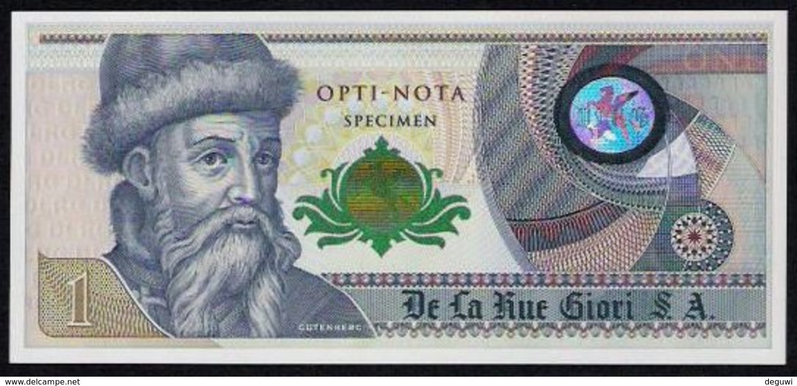 Echantillon DE LA RUE "Gutenberg - Grüne Distel" Testnote, Type L, Eins. Druck, RRR, UNC - Sonstige – Europa