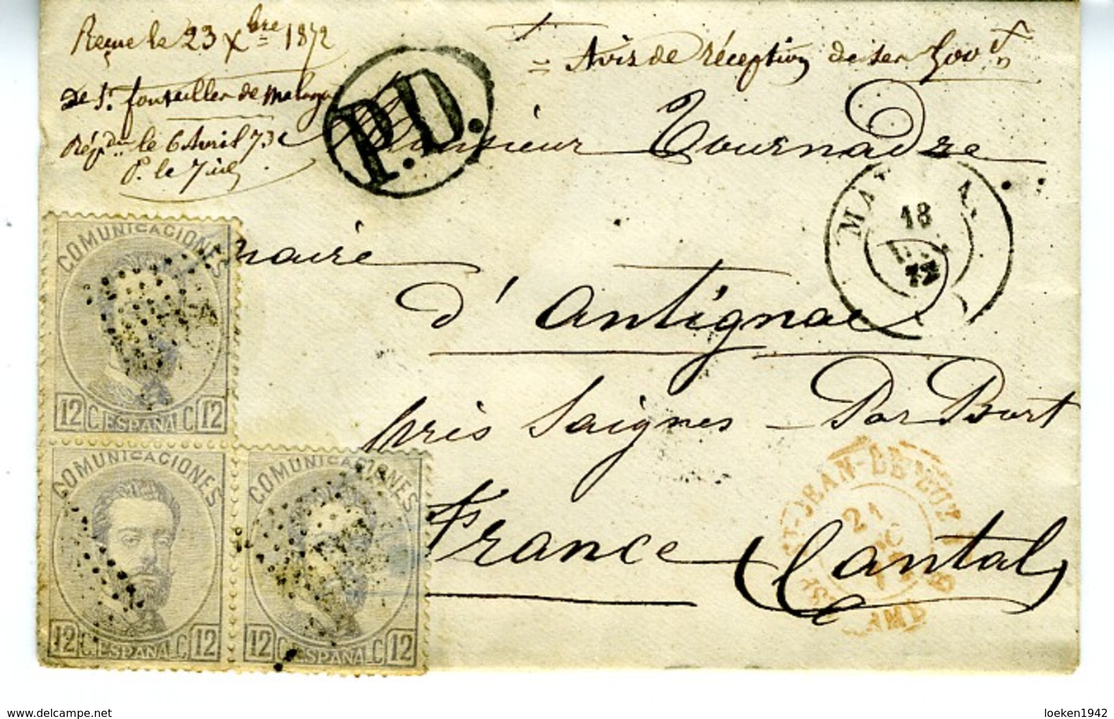 Espagne 1872 Lettre De MALAGA à  ANTIGNAC  3 X 12c Amédée Unif N° 122   LC72E - Brieven En Documenten