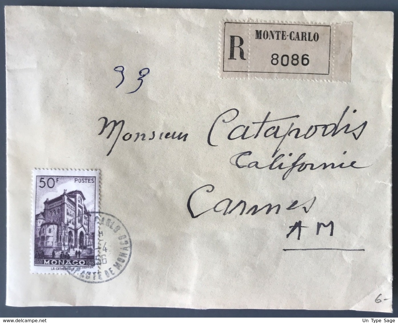 Monaco - Lettre Recommandée 1956 Pour Cannes - (C1341) - Marcophilie