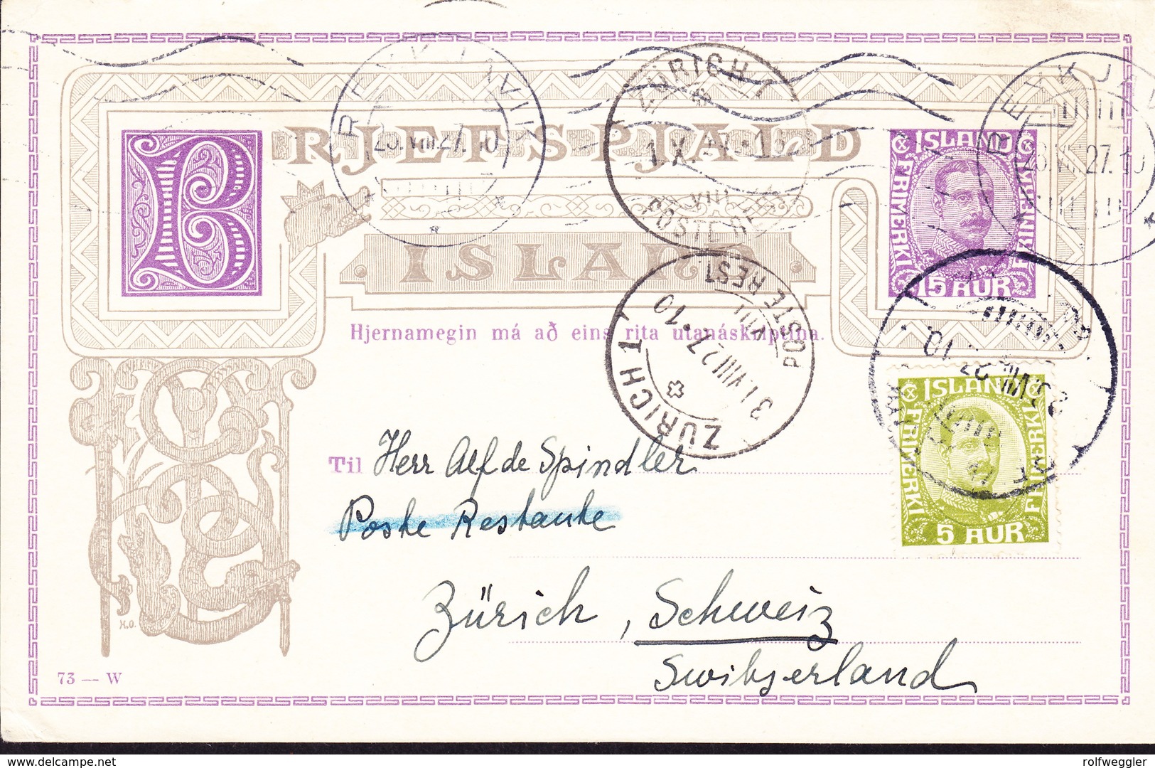 1927  15 A GZ Karte Mit Zusatzfrankatur Aus Reykjavik Nach Zürich - Postal Stationery