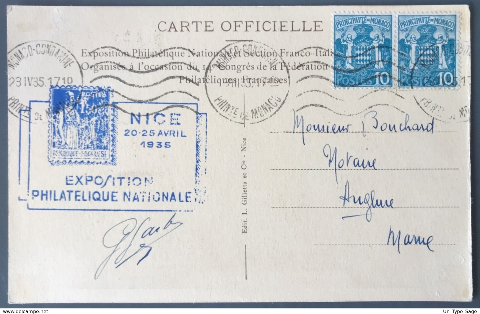 Monaco, Sur Carte Postale Commémorative EXPOSITION PHILATELIQUE NATIONALE 1935 - (C1344) - Poststempel