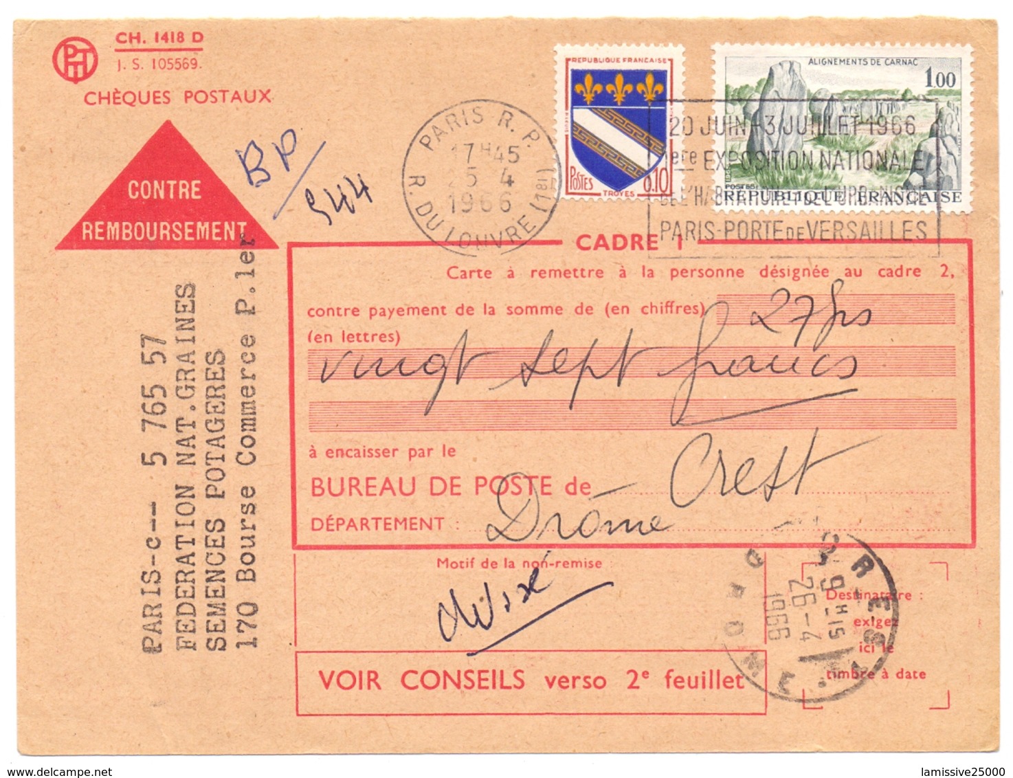 France Chèque Postaux Contre Remboursement De Paris Pour Crest Drome Blason Troyes Carnac - Postal Rates