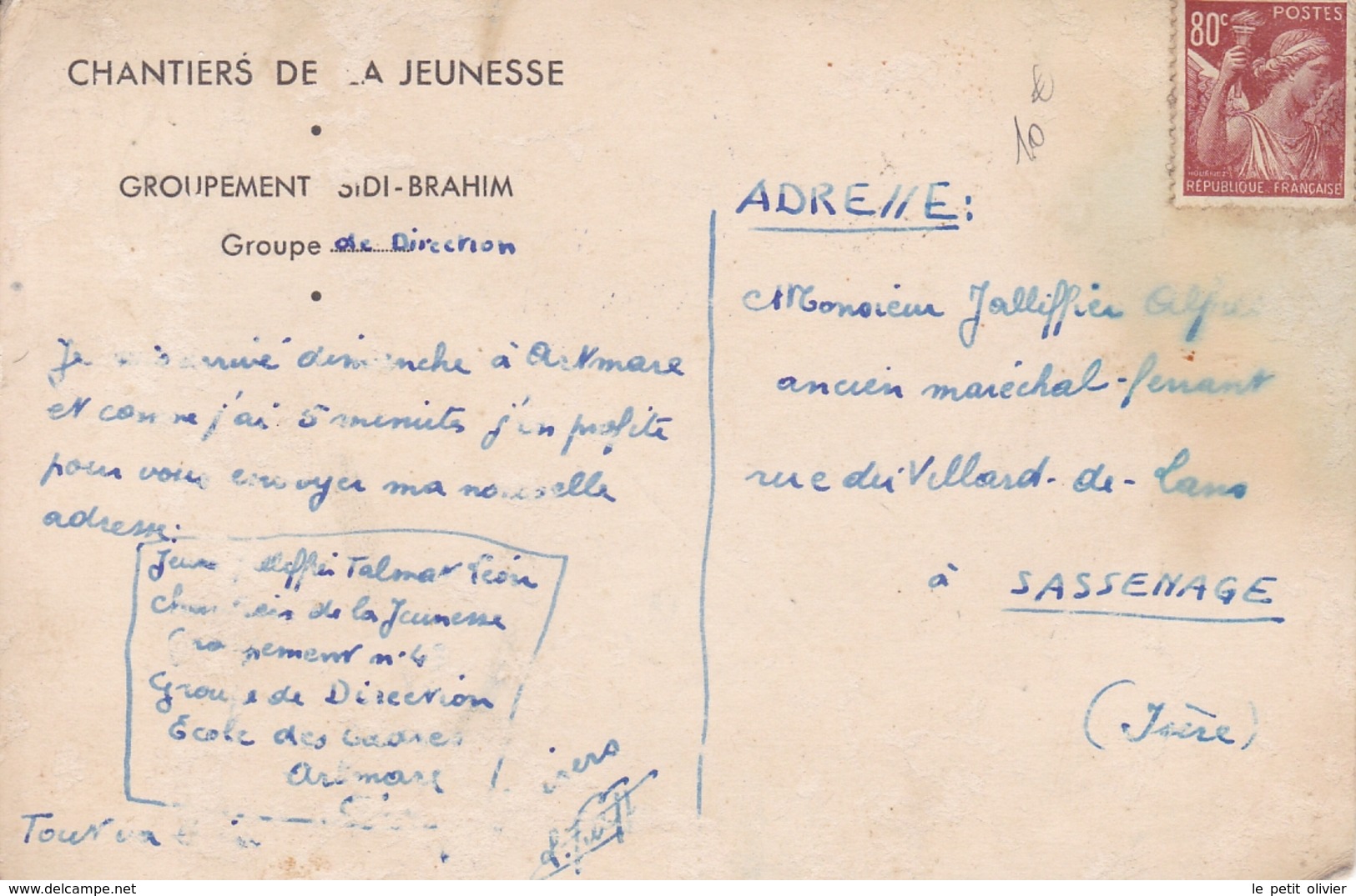 FRANCE CARTE POSTALE CHANTIERS DE LA JEUNESSE GROUPE SIDI BRAHIM 1941 TAMPON A DATE ARTEMARE AIN - Guerre De 1939-45