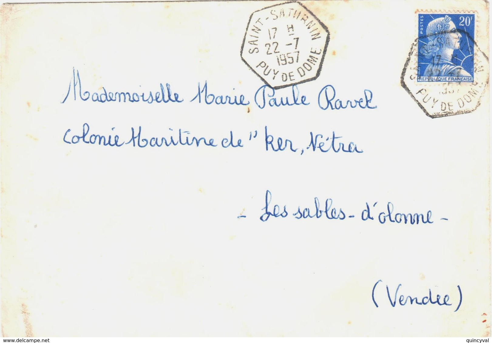 SAINT SATURNIN Puy De Dôme Lettre 20 F Muller Bleu Yv 1011B Ob 1957 Hexagone Recette Auxiliaire Rurale RAR Lautier E7 - Cartas & Documentos