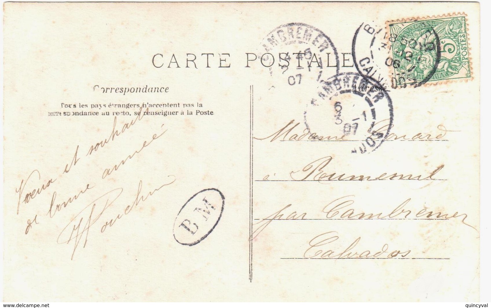 BONNEBOSQ Calvados Carte Postale 5c Blanc Yv 111 Déposée Boîte Mobile BM Dest Cambremer Ob 31 1 2 1906 - Cartas & Documentos