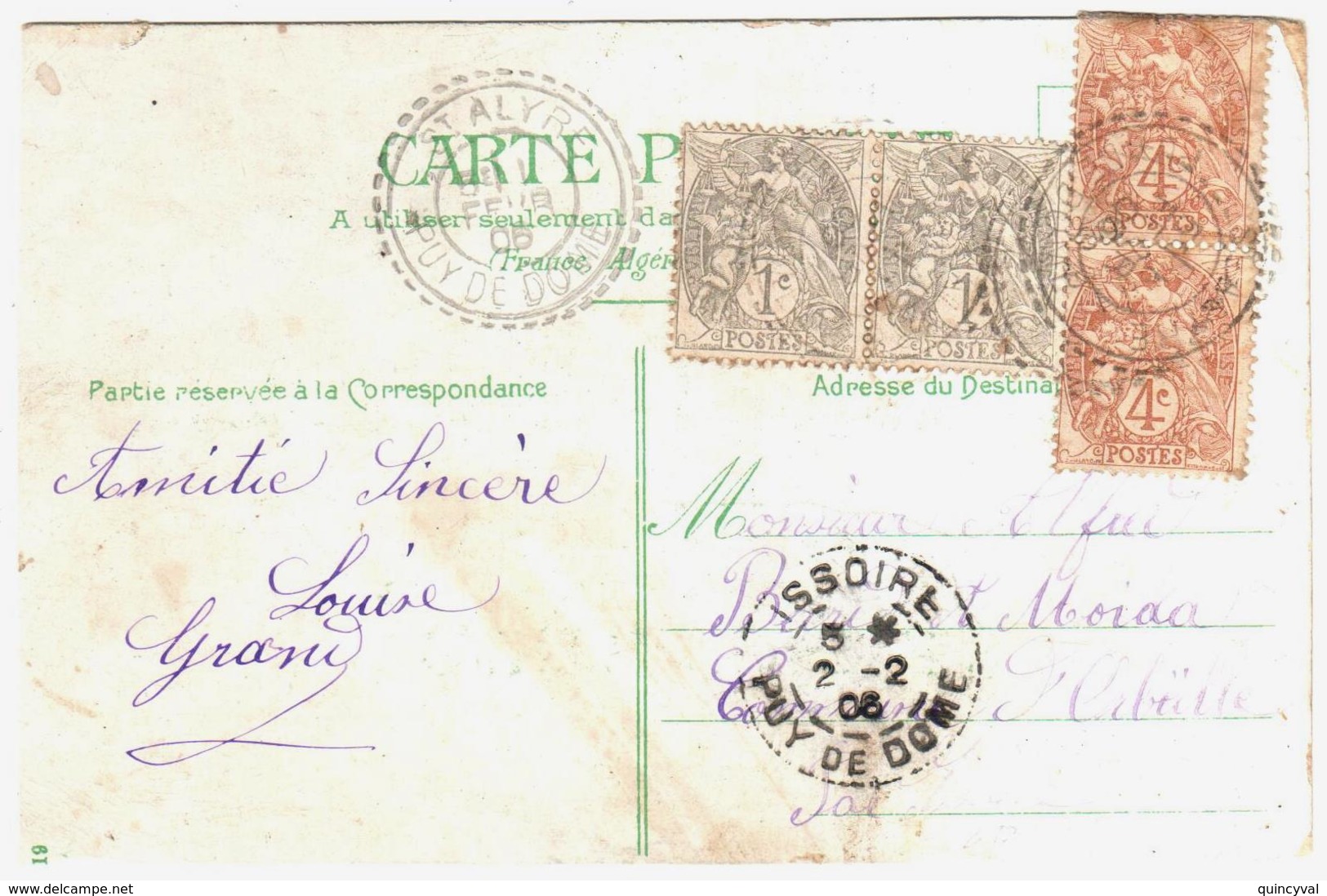 St ALYRE Puy De Dôme Carte Postale  Blanc 1c Gris 4c Brun Ob 1 2 1906 Type FB84 - Cartas & Documentos