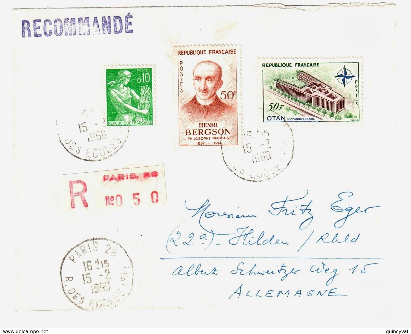 PARIS 28 Lettre Reco 10c Moissonneuse 50F Bergson 50F OTAN Yv 1231 1225 1228 Ob 1960 Dest Allemagne Etiquette Mécanique - Storia Postale