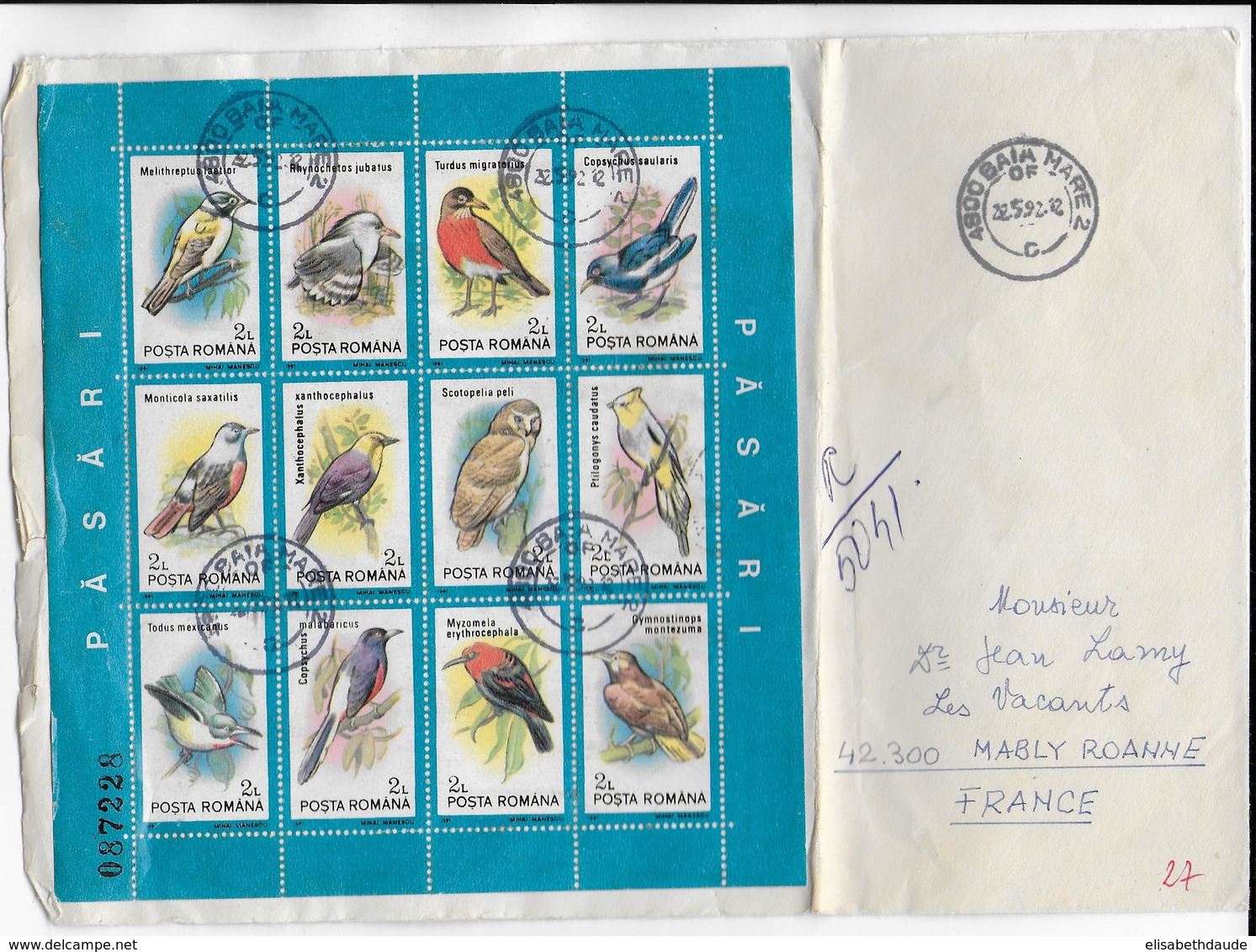 ROUMANIE - 1992 - BLOC OISEAUX / BIRDS Sur ENVELOPPE RECOMMANDE (VOIR DOS)de BAIA MARE => FRANCE - Lettres & Documents