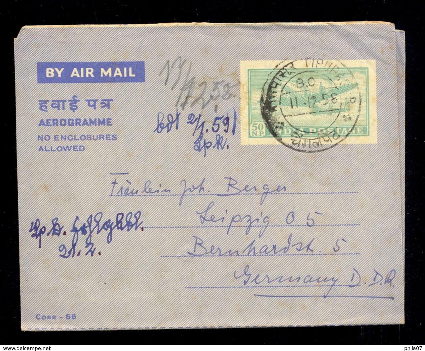 India - Letter Sent By Aircraft From Tiruvallur To Germany 11.12. 1958. - Luftpost