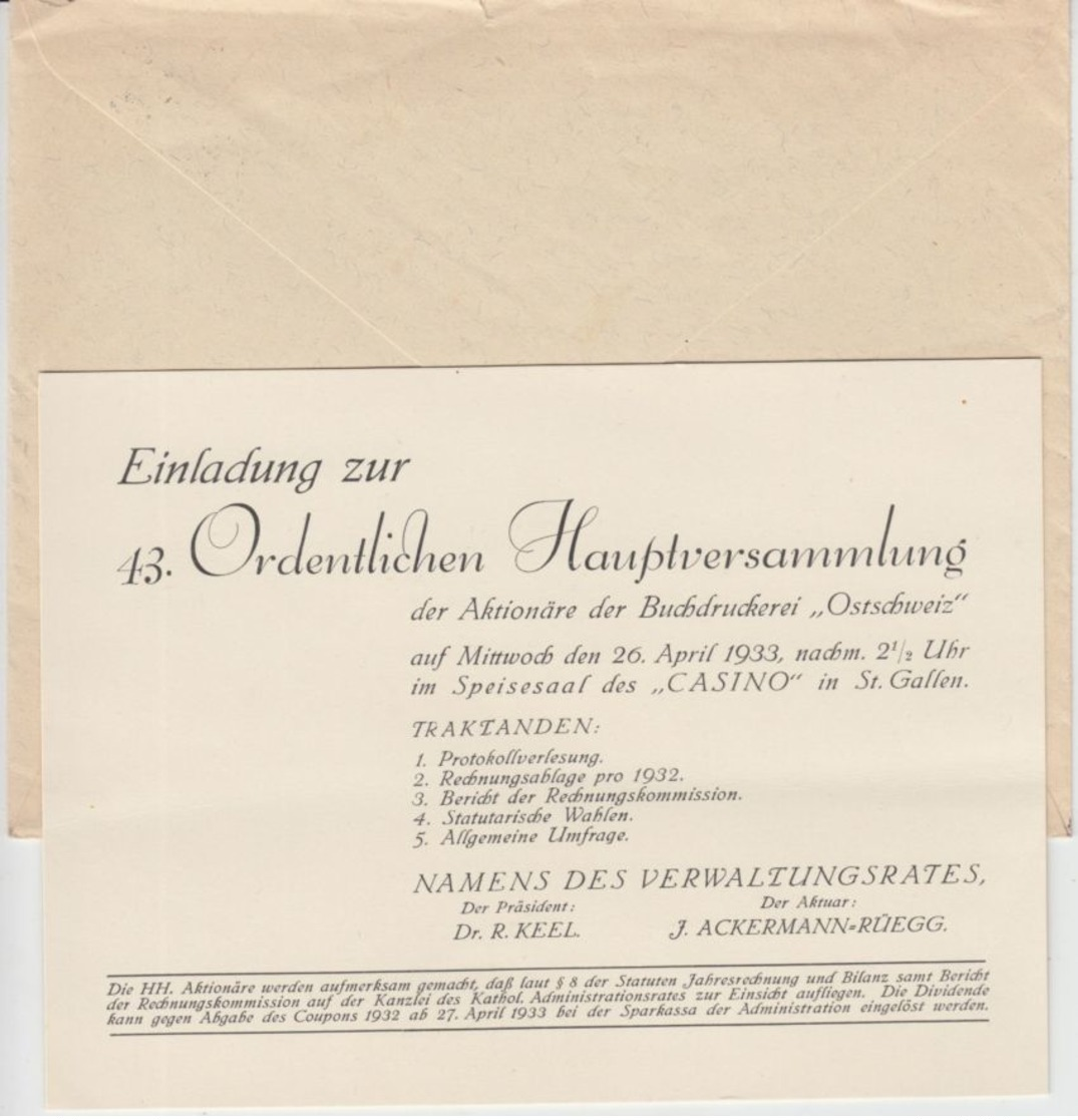 Schweiz - 30 Rp. Tell Einschreiben Ortsbrief St. Gallen 1933 Einladungskarte - Sonstige & Ohne Zuordnung