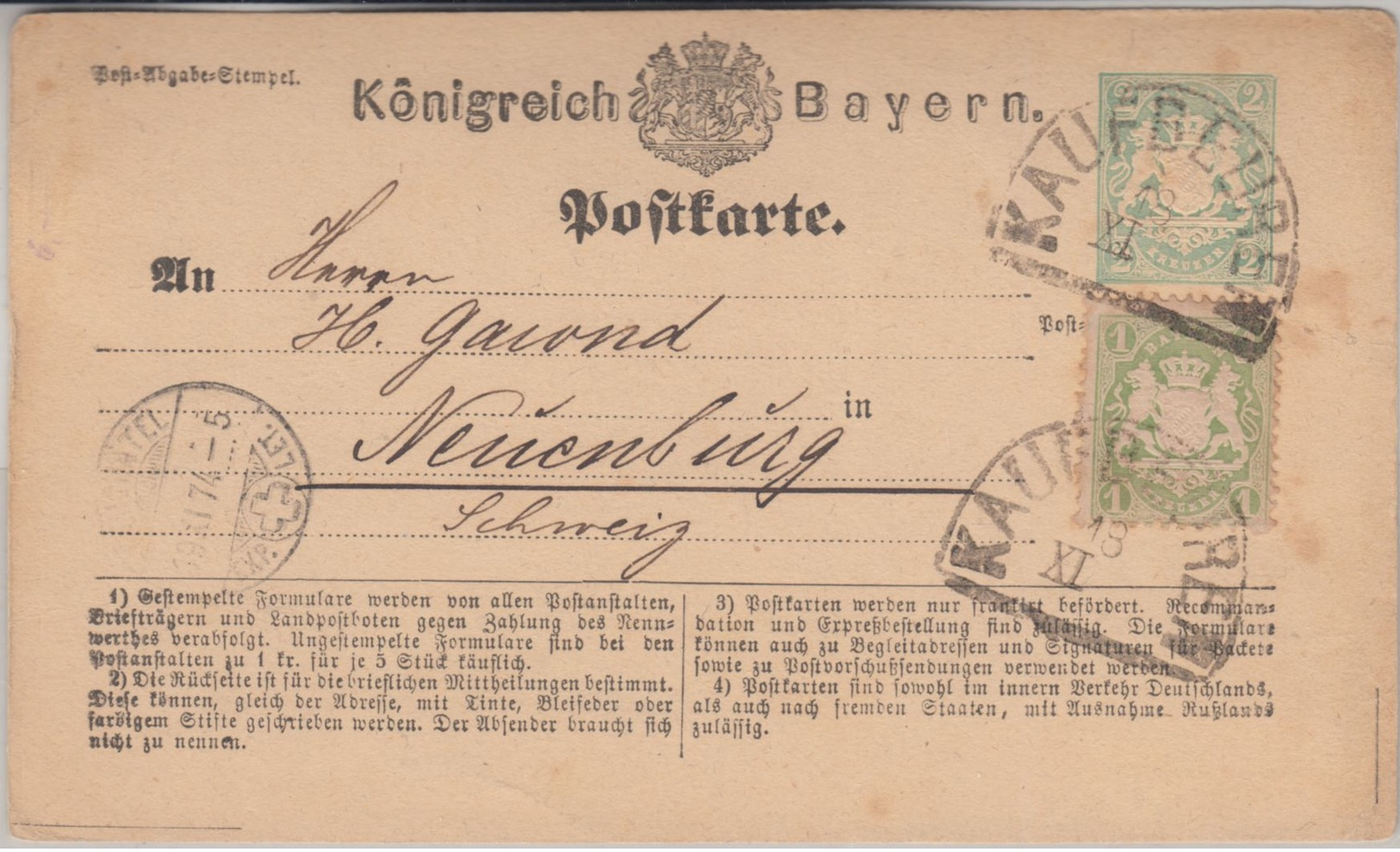 Bayern - 2 Kr. Ganzsache+Zusatz I.d. SCHWEIZ HKS Kaufbeuren - Neuenburg 1874 - Other & Unclassified