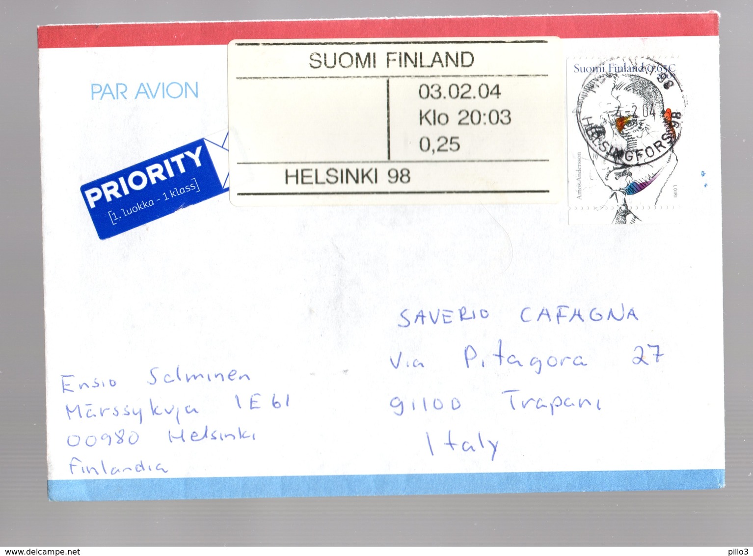 FINLANDIA :  Amos  Andersson  (benefattore) 1 Val. Isolato Su Lettera  -  10.09.2003 - Cartas & Documentos