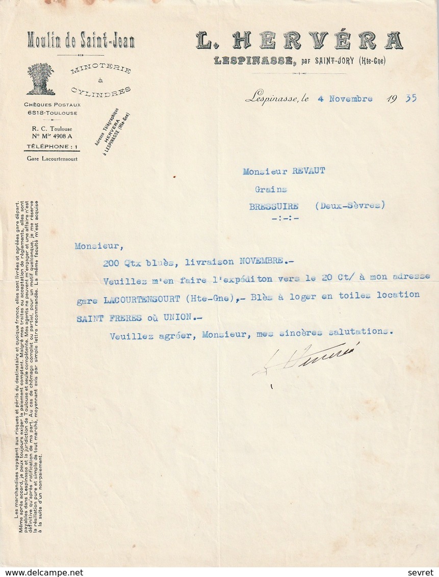 31 LESPINASSE. - MOULIN DE SAINT-JEAN. - L. HERVERA . MINOTERIE à CYLINDRES. - Format A4 - Agricoltura