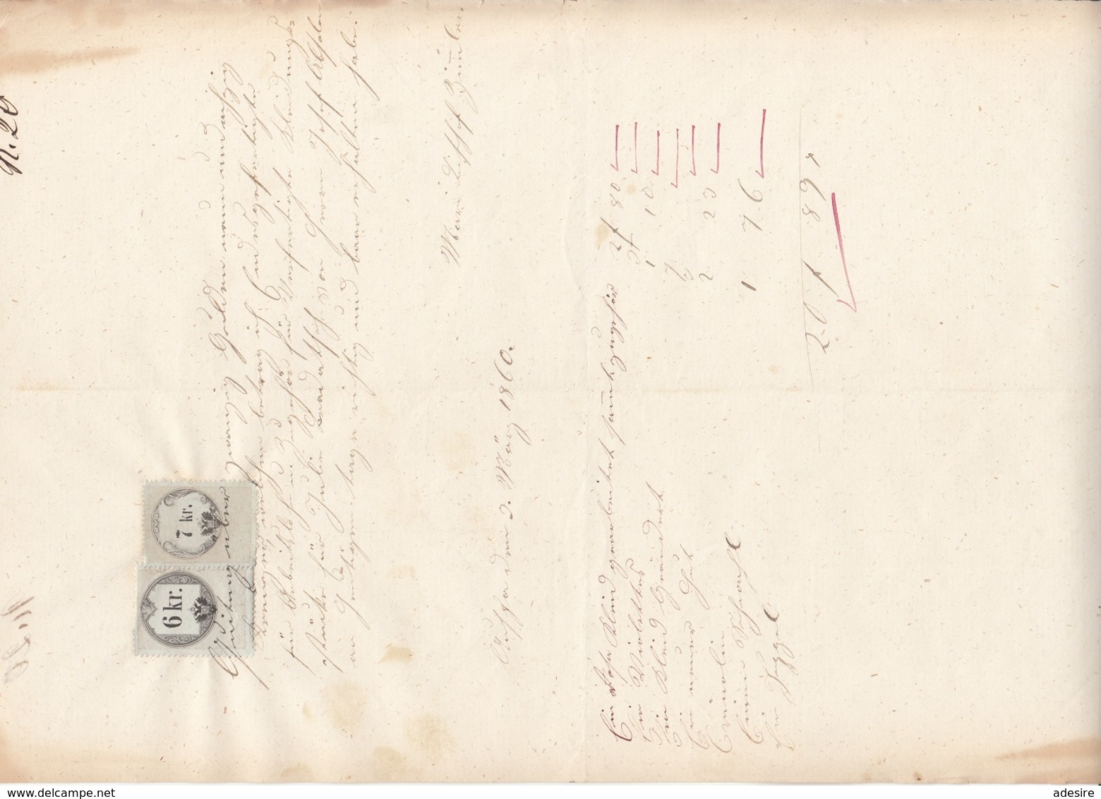QUITTUNG 1860 - Handgeschrieben Rechnung Mit 6 + 7 Kreuzer Stempelmarke, A3 Format, Gefaltet, Gebrauchsspuren - Autriche