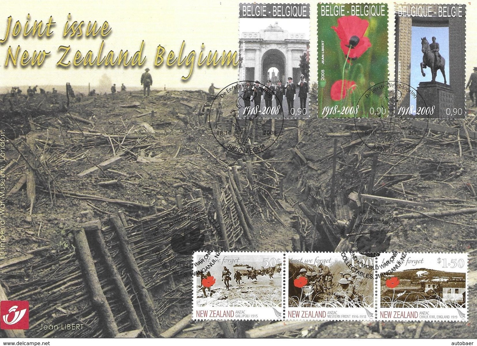 Belgium Belgique Belgien New Zealand 2008 Joint Souvenir Card 1st Day 1st World War Michel No. 3888-90 + 2490,92,93 - Emissions Communes