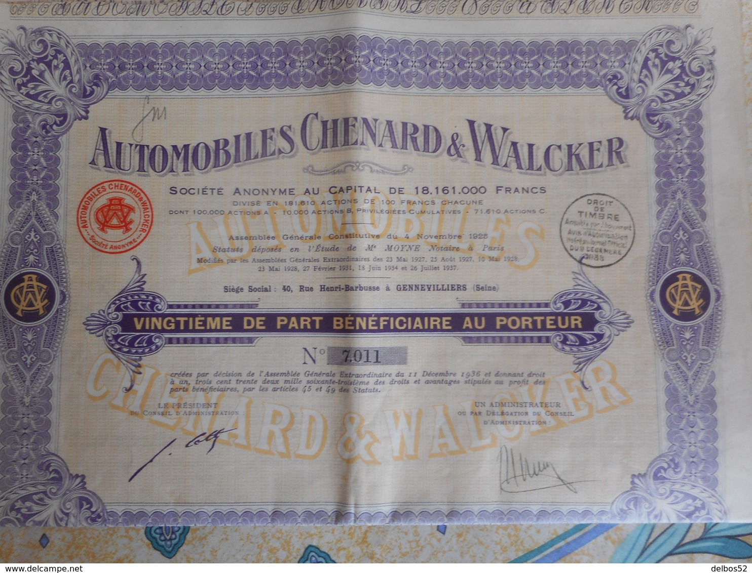 AUTOMOBILES Chenard & Walcker - Vingtieme De Part Beneficiaire Au Porteur - 1936 - Cars