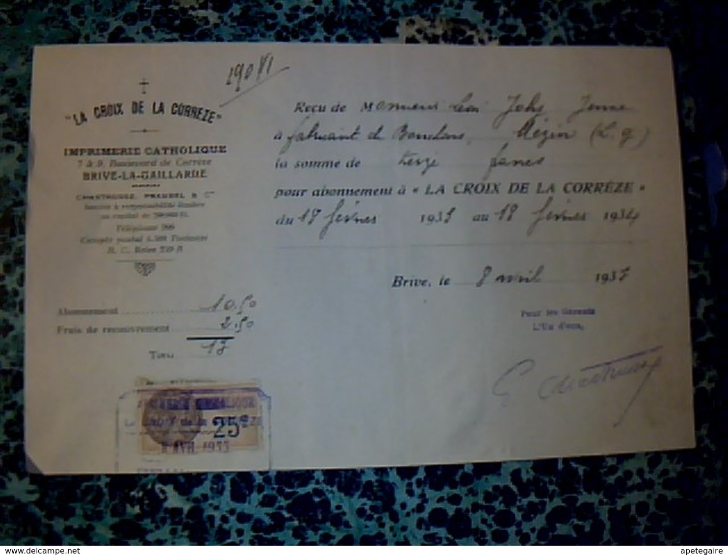 Fiscal De 25 Ct Sur Facture Presse Journal " La Croix De Corrèze" Imprimerie Catholique à Brive La Gaillarde Année 1933 - Storia Postale