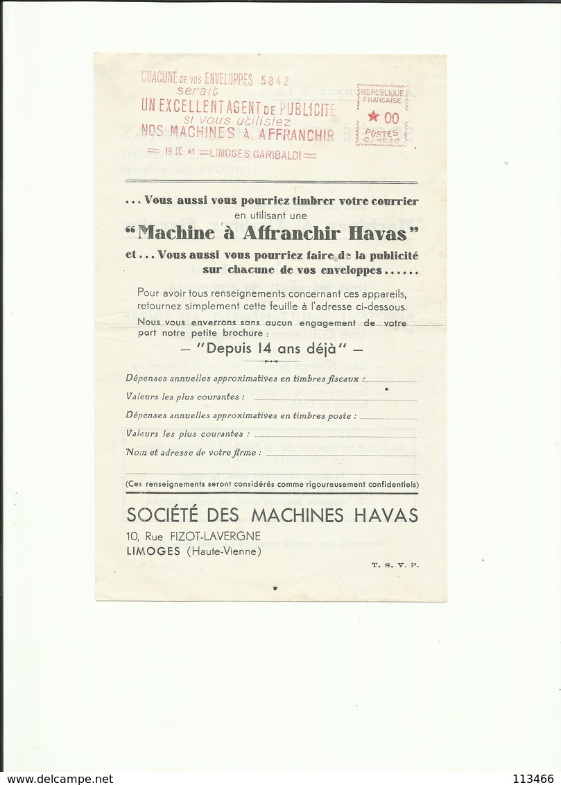 Haute Vienne Limoges Garibaldi Fac Similé Publicitaire Machine à Affranchir Havas - 1921-1960: Période Moderne