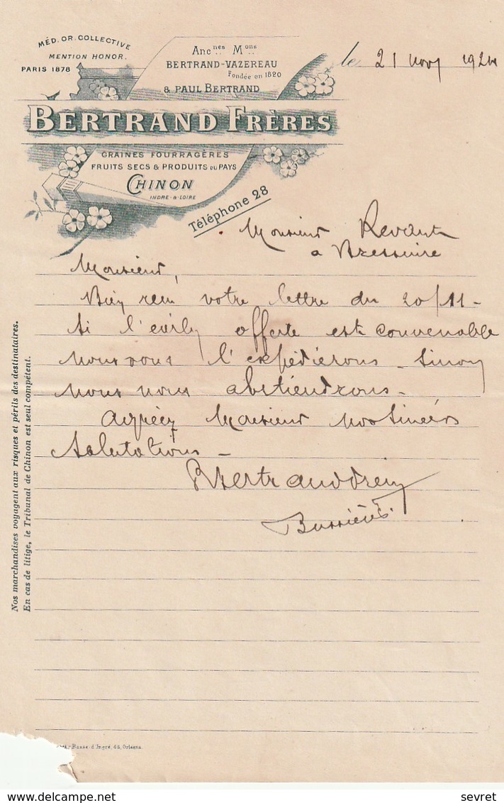 INDRE ET LOIRE -   CHINON - Graines Fouragères  BERTRAND Frères.   Format  21x13.5 - Agricoltura