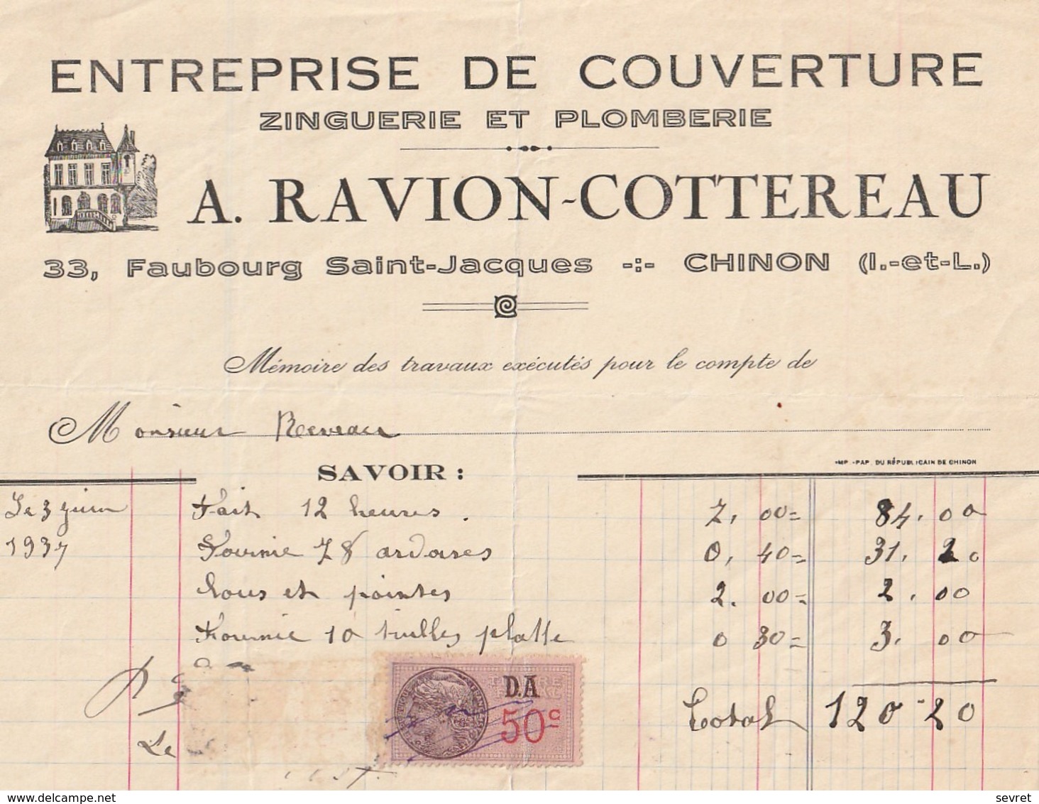 INDRE ET LOIRE -   CHINON - Entreprise De Couverture  Zinguerie Et Plomberie  A RAVION -COTTEREAU .   Format  20x15 - Petits Métiers