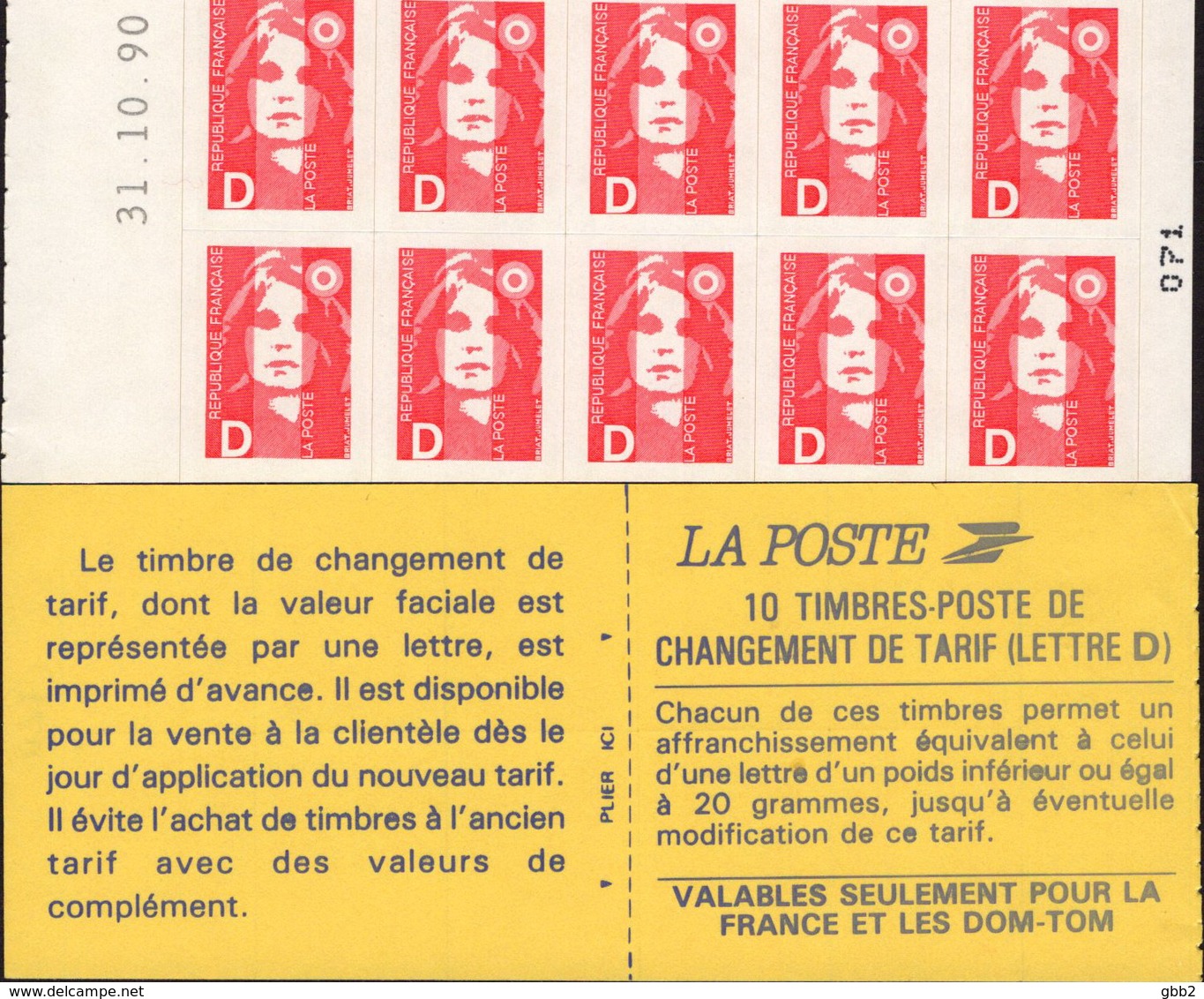 CARNET 2713-C 1 Marianne De Briat  "CHANGEMENT DE TARIF" Daté 31/10/90 Parfait état Bas Prix. - Autres & Non Classés