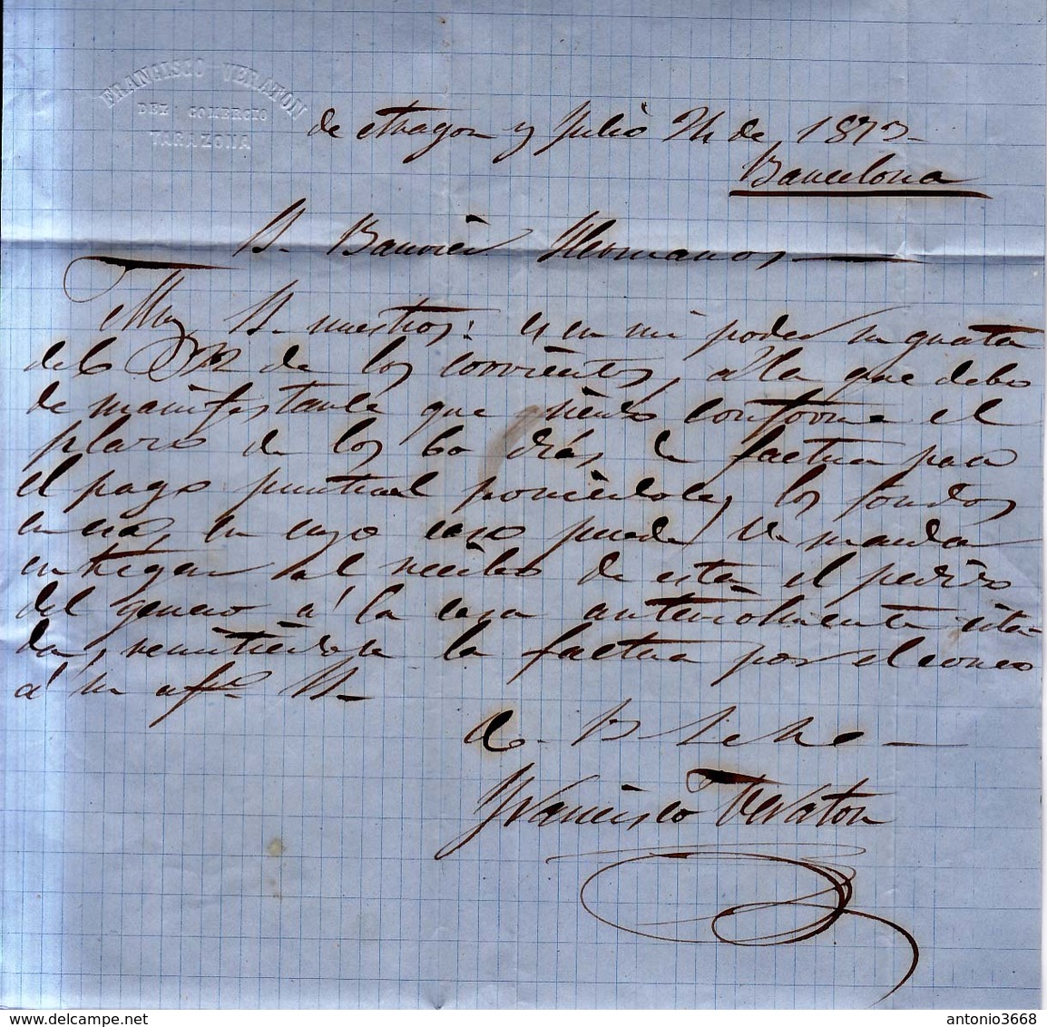 Año 1873 Edifil 133 10c Alegoria  Carta  Matasellos Rombo Tarazona Zaragoza Membrete Francisco Veraton - Lettres & Documents