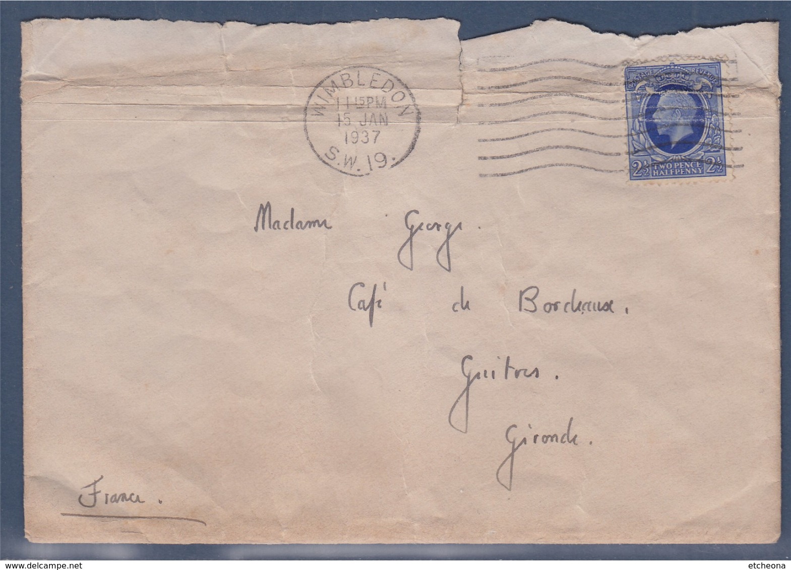 Enveloppe De Wimbledon à Bordeaux 15 Jan 1937, Timbre A Des Plis - Cartas & Documentos