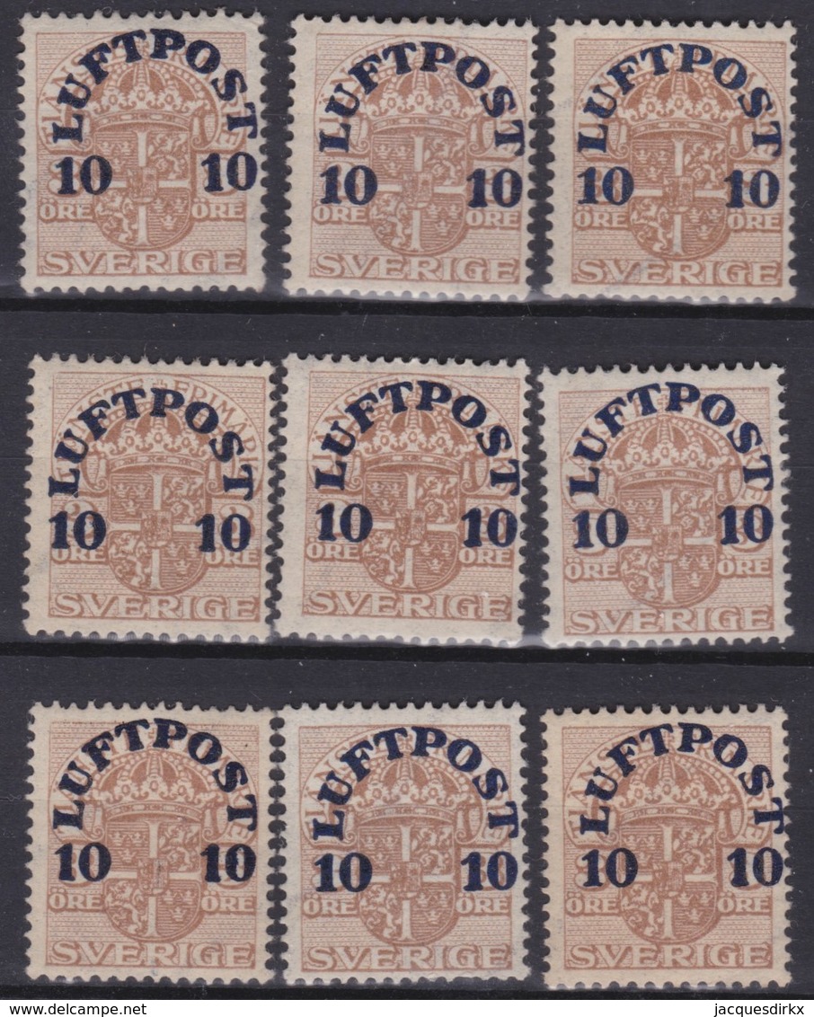 Zweden   .   Yvert       .   Lucht  1  .  9x  .    *    .     Ongebruikt     .  /   .   Mint-hinged - Unused Stamps