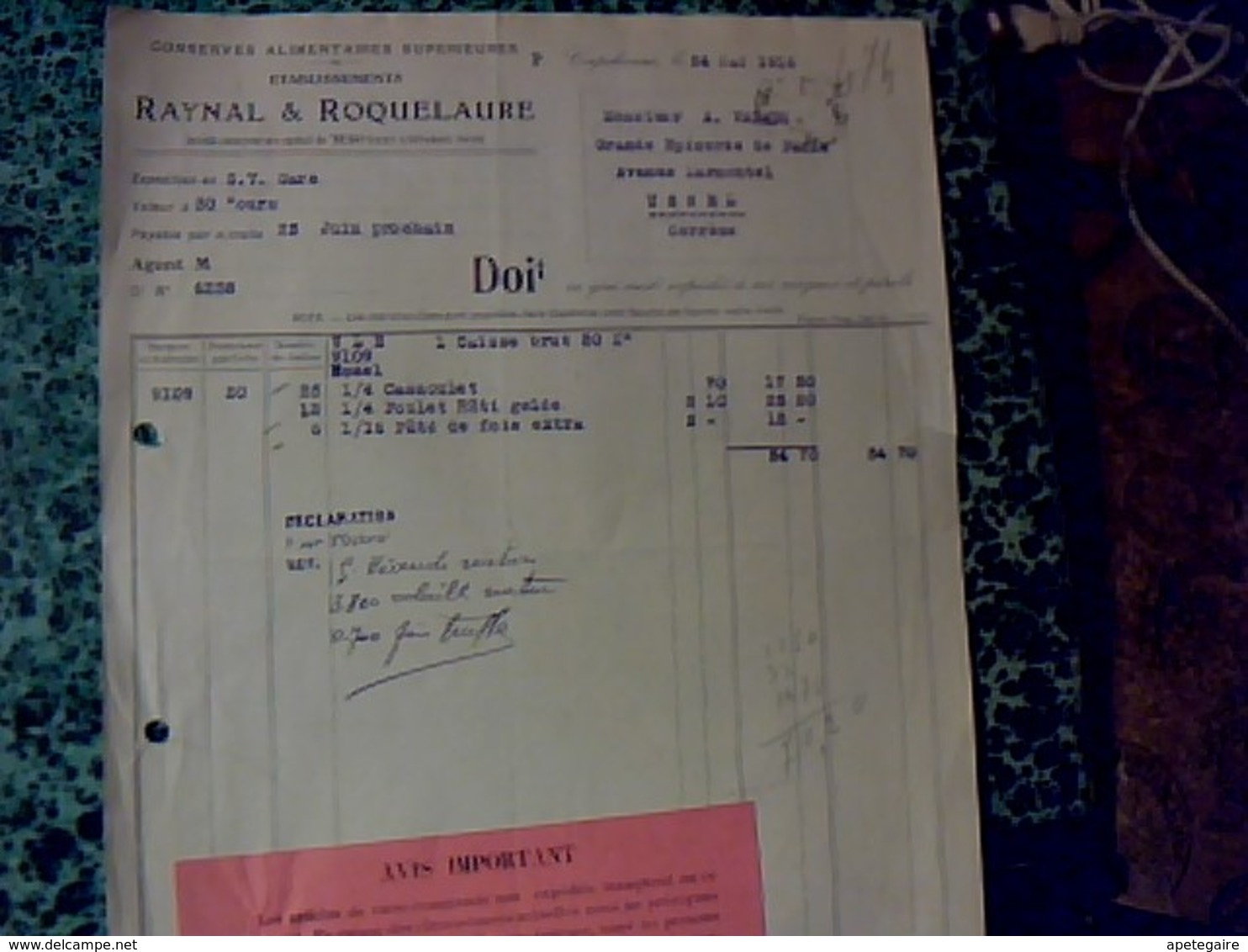 Facture Raynal & Rauquelaure Conserves Alimentaires à Capdenac 12 Année 1916 - Andere & Zonder Classificatie