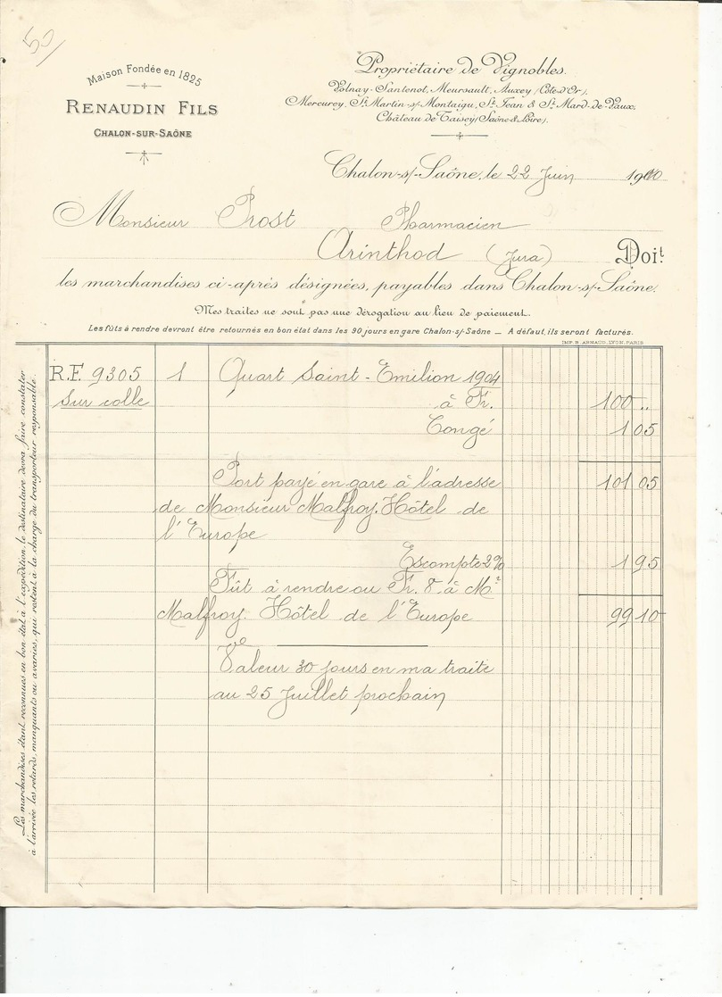 Facture Renaudin 71 Chalon S Saone A M Prost Pharmacien Arinthod Plus Une Letre - 1900 – 1949