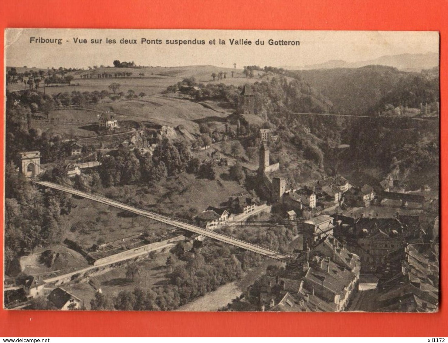 ZAG-13  Fribourg Vue Sur Les Deux Ponts Suspendus Et La Vallée Du Gotteron . Circulé 1913 Papier Très Fin - Fribourg