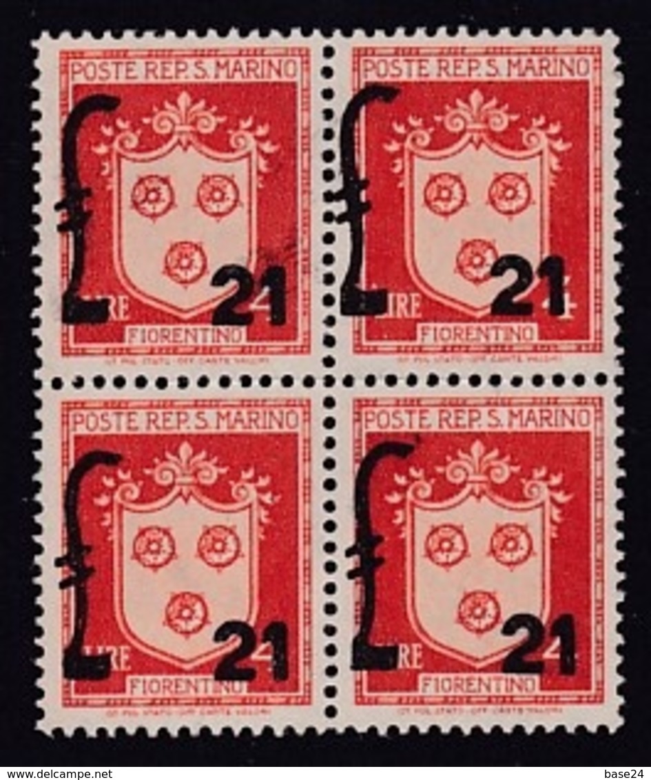 1947 San Marino Saint Marin STEMMI SOPRASTAMPATI L.21 Arancio Quartina MNH** Varietà 311d ' COATS OF ARMS Block 4 - Variedades Y Curiosidades