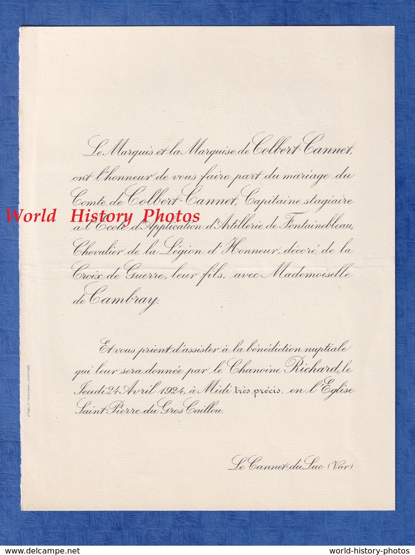 Faire Part De 1924 - LE CANNET Du LAC ( Var ) - Mariage Comte De COLBERT CANNET Avec Mademoiselle De CAMBRAY - Annunci Di Nozze