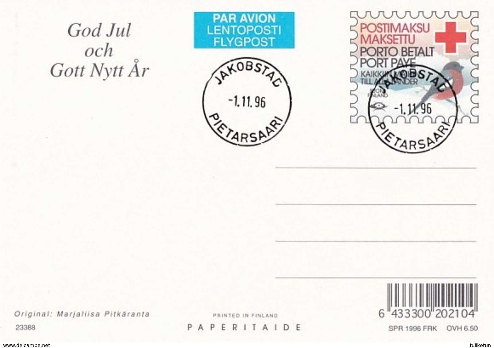 Postal Stationery - Birds - Bullfinches - Santa Xmas Tree - Red Cross 1996 - Suomi Finland - Postage Paid - First Day - Postal Stationery