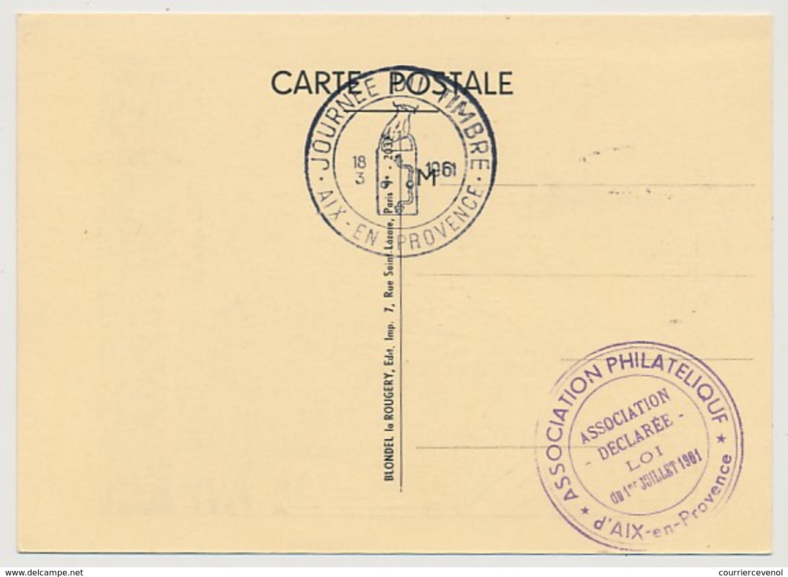 FRANCE - Carte Locale - Journée Du Timbre 1961 - 13 AIX EN PROVENCE - 18/3/1961 - 1960-1969