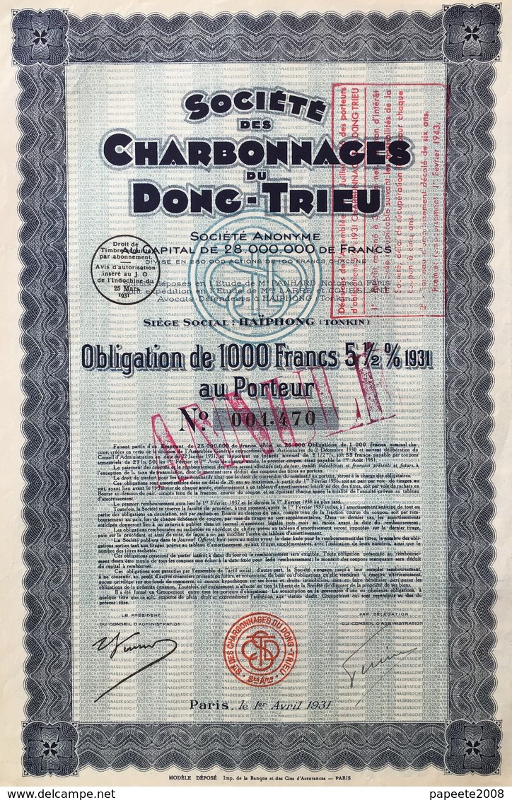 Indochine - Sté Des Charbonnages Du Dong-Trieu - Obligation De 1 000 F - 1931 - Asie