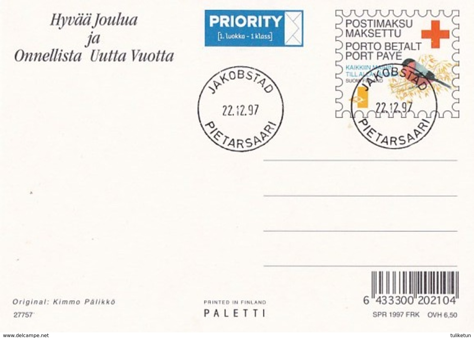 Postal Stationery - Birds - Bullfinches - Church In Winter - Red Cross 1997 - Suomi Finland - Postage Paid - First Day - Postal Stationery