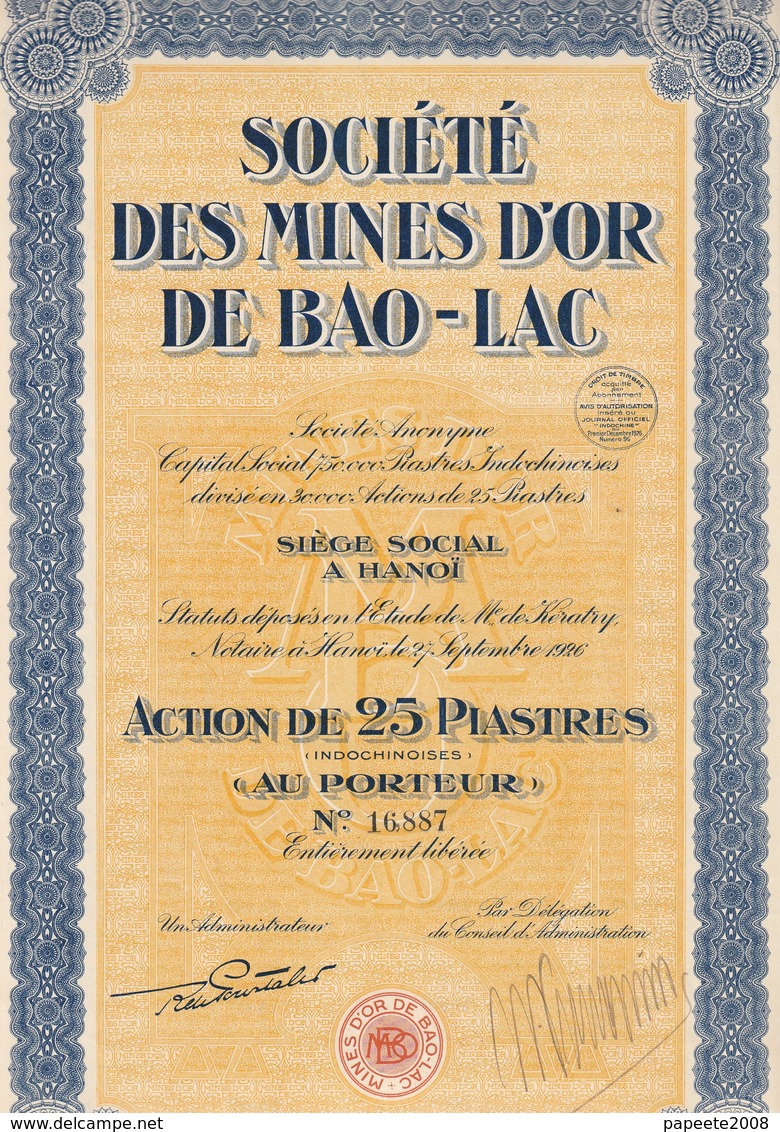 Indochine - Sté Des Mines D'or De Bao-Lac - Action De 25 Piastres - 1926 - Azië